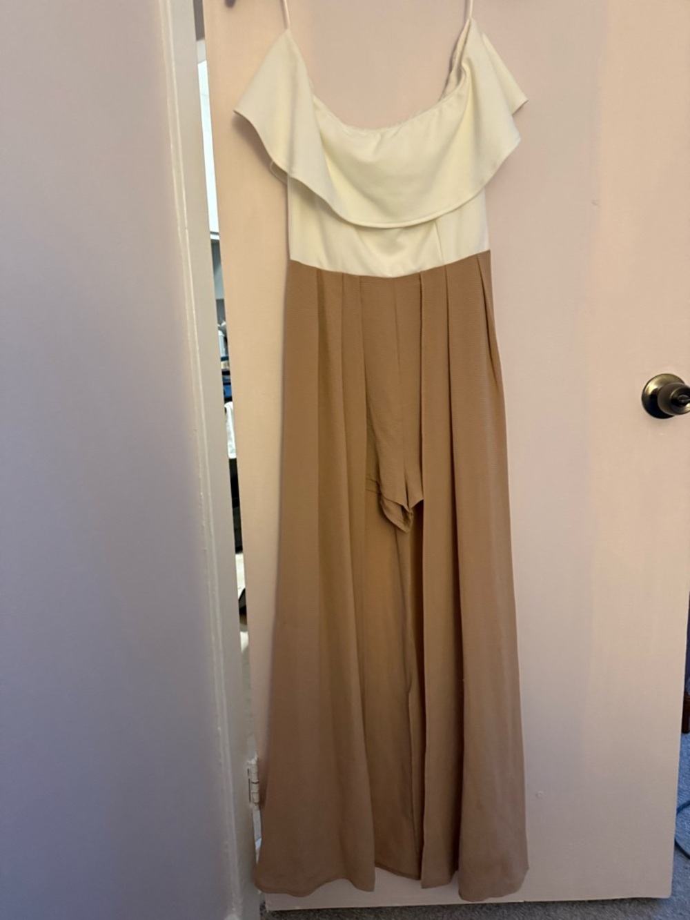 Luxxel Cream and Tan Ruffle Bodice Wide-Leg Jumpsuit